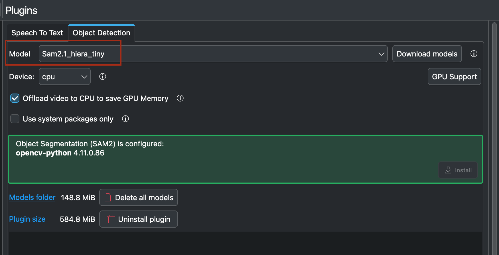 SAM2 Plugin correctly configured